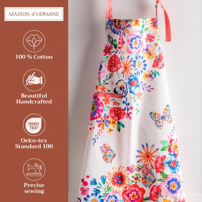 Maison d' Hermine Apron for women with Pocket 100% Cotton 27.50"x31.50" 1 Piece Adjustable Neck Strap & long ties Apron Men, Chef, Wedding, Cooking, Server Spring/Summer (Happy Florals - High Summer) - Image 2